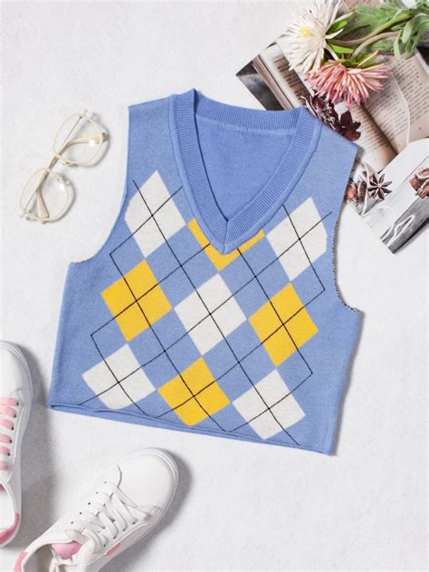 V Neck Argyle Pattern Sweater Vest