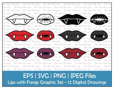 Vampire Lips With Fangs Vector Clipart Set Kiss Outline Etsy Canada Clip Art Digital