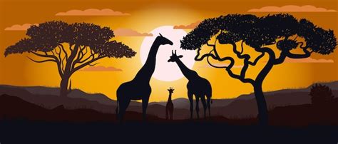 Silueta de jirafas de la sabana africana paisaje áfrica ilustración de