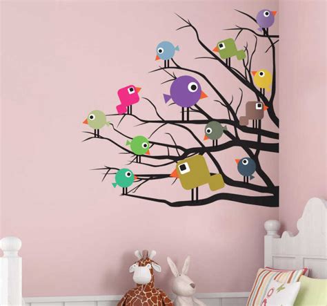 Sticker enfant oiseaux colorés branches arbre TenStickers