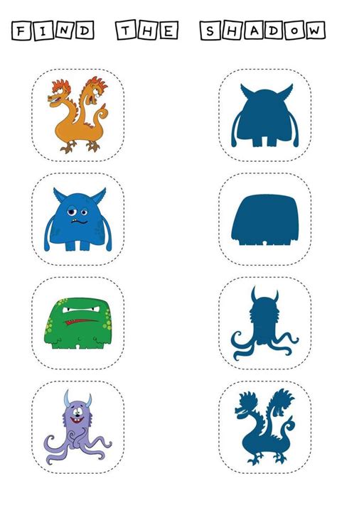 Find a pair or shadow game with funny monsters. Worksheet for preschool ...