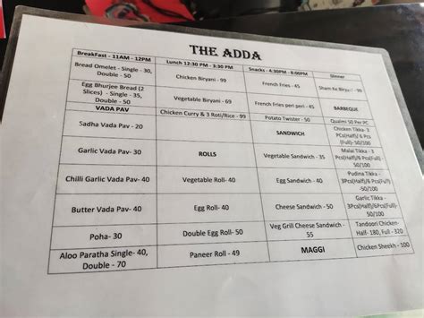 Menu at The Adda, Bengaluru, THE ADDA