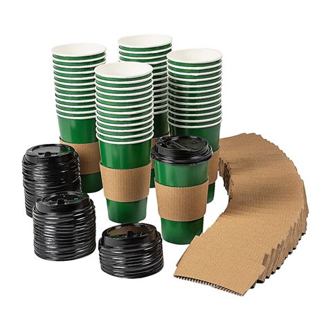 Bulk 48 Count Green Disposable Paper Coffee Cups with Lids & Sleeves