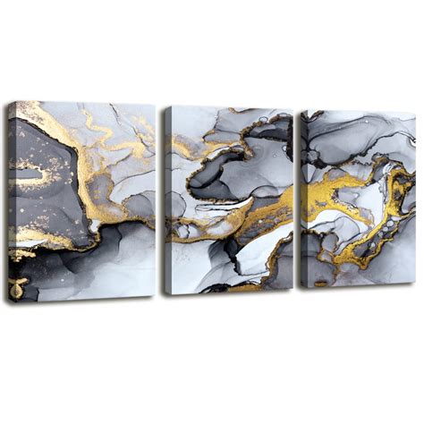 Black And White Grey Abstract Art Modern Framed Gold Fluid Ink Canvas