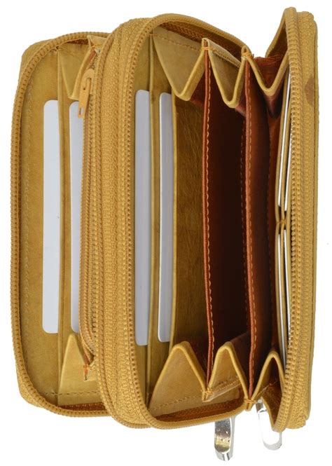 Accordion Style Ladies Genuine Leather Double Zipper Womens Purse Tan