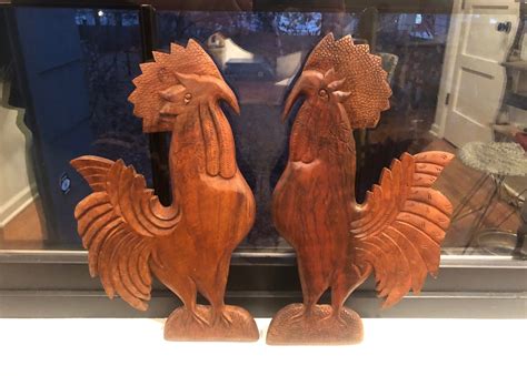 Set Of 2 Mid Century Indian Hand Carved Shesham Wood Rooster Wall