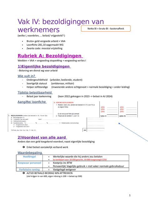 Samenvatting Fiscaal Recht P2 Vak IV Bezoldigingen Van Werknemers