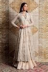 Buy Beige Organza Embroidered Thread Work Cape V Neck With Lehenga Set