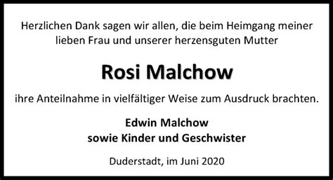 Traueranzeigen Von Rosi Malchow Trauer Anzeigen De