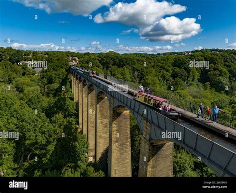 Canal Boats Crossing Pontcysyllte Aqueduct aerial view at a very busy ...