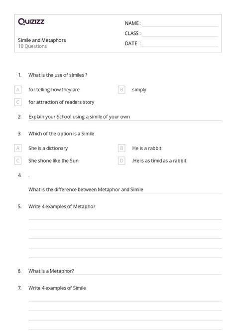 Metaphors Worksheets For Rd Class On Quizizz Free Printable