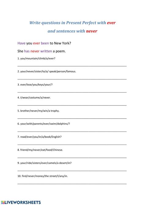 Present Perfect With Ever And Never Interactive Worksheet Artofit