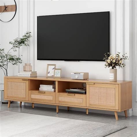 Harper And Bright Designs Modern Rattan Natural Woodyellow Tv Stand