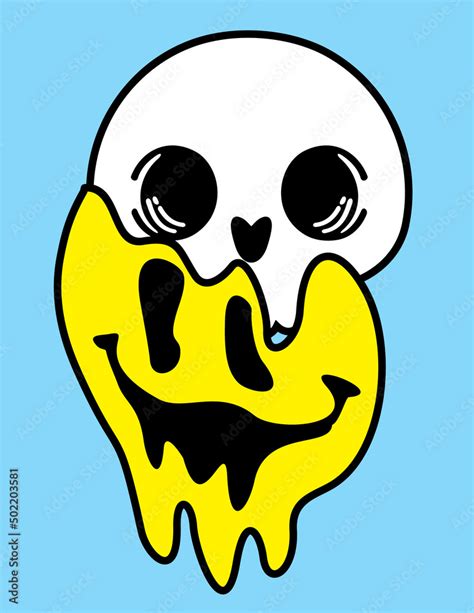 Smiling skull skeleton smiley face. Smiley dripping from the skull, emojis. Retro distorted ...