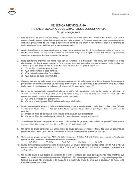 Bioloxía E Xeoloxía Problemas De GenÉtica 4º Eso Ficha 2 1