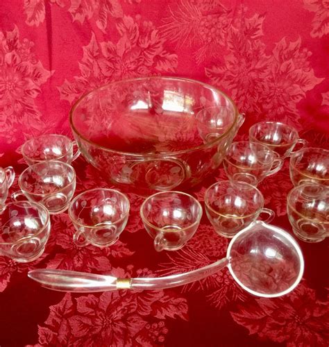 Vintage 1940s Etched Glass Punch Bowl Set 14 Piece Full Etsy