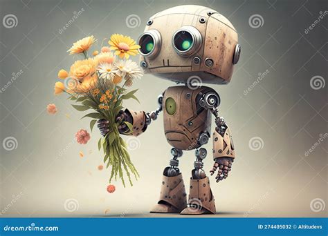 Cute Robot Surprises Person With Bouquet Of Flowers Bringing Joy And Happiness Stock