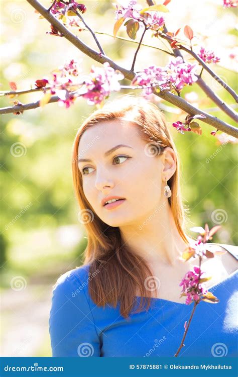 Belle Jeune Fille Rousse Dans La Robe Bleue Parmi Le Flowe De Ressort