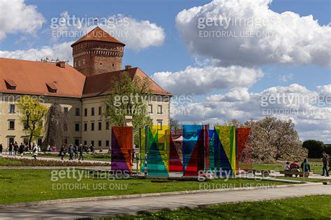 Multi Colored Glass Panes Modern Art Installation Titled Wyspia By