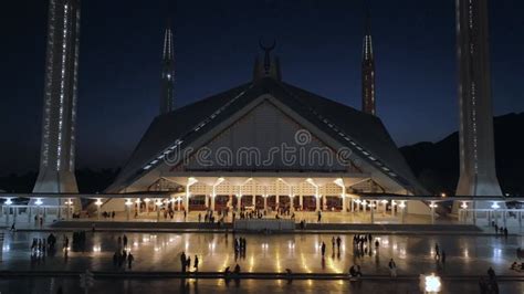 Faisal Mosque in Islamabad at Night. the Largest Mosque in Pakistan, Illuminated. Drone Shot ...