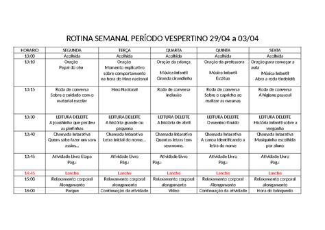 Rotina Semanal Escola Nivalda 23 Abril Rotina Semanal PerÍodo Vespertino 2904 A 03 Horario