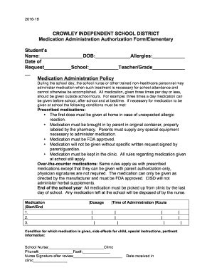 Fillable Online Medication Administration Authorization Form Elementary