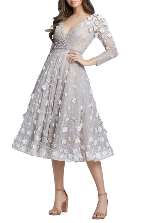 Mac Duggal Floral Appliqué Long Sleeve Lace Fit And Flare Dress