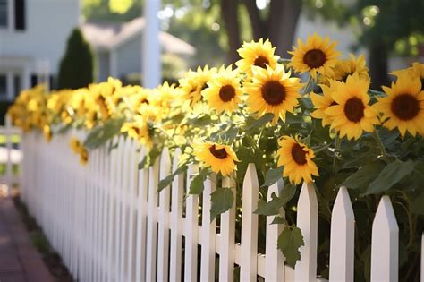 Premium Ai Image Photo Of Sunflowers Against A White Picket Fence