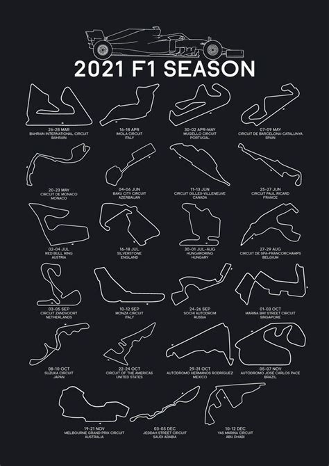 2021 F1 Season Calendar Poster Grand Prix Circuits Formula 1 Racing