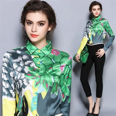 2017 New Floral Print Ladies Office Shirts Blouse Long Sleeve Casual Plus Size Green Floral