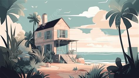 Cartoon House Seaside Background House Seaside Plant Background