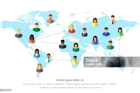 Diverse People And World Map Concept With Dotted Line As Global