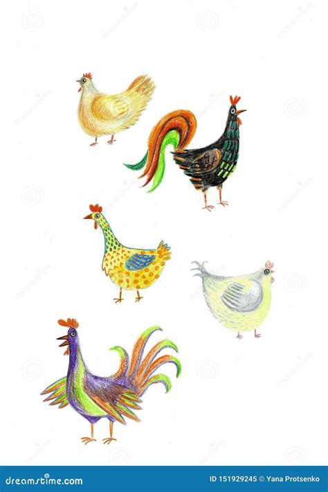 Watercolor Set Of Four Hand Drawn Chickens Chicken Farm Watercolor