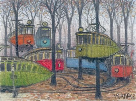 An Artistic Drawing Of Trains In The Woods