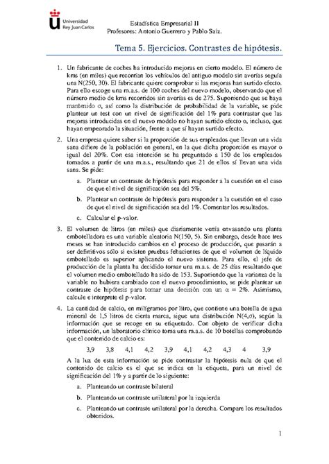 Tema 5 Ejercicios Contrastes De Hipótesis Paramétricos Profesores