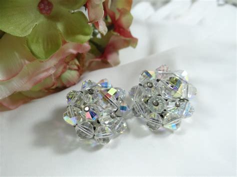 Vintage Aurora Borealis Bead Crystal Clip Earrings On A Silver Clip On Earrings Crystal