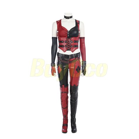 Batman Arkham City Harley Quinn Cosplay Costume Black And Red Leather Suit