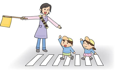 「横断歩道を渡る子供たちと誘導する先生（交通安全）」のフリーイラスト イラストわくわくbox