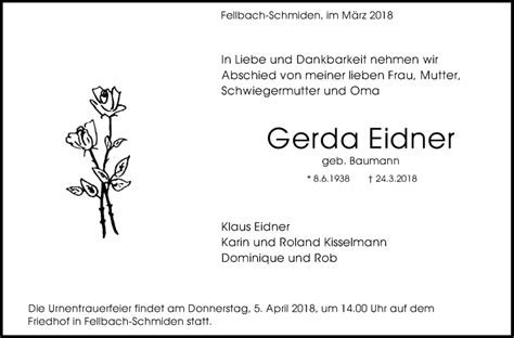 Traueranzeigen Von Gerda Eidner Stuttgart Gedenkt De