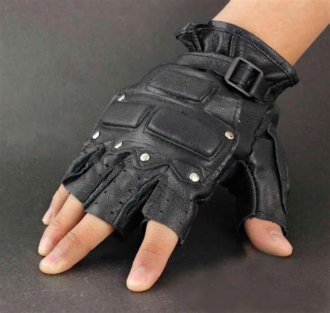 Men S Biker Fingerless Stud Real Leather Gloves With Knuckle Protection