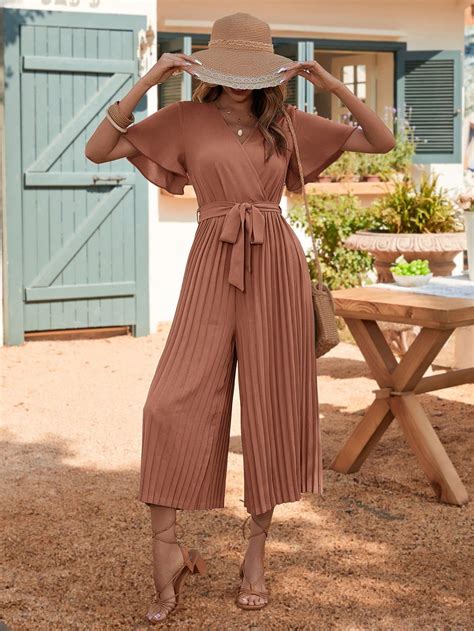 Shein Clasi Butterfly Sleeve Pleated Hem Belted Jumpsuit Shein Usa