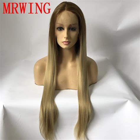 MRWIG Middle Part Long Brown Dark Roots Ombre Blonde Long Front Lace