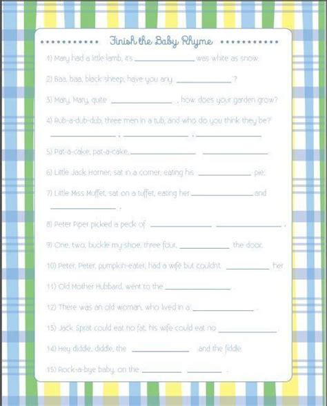 Easy Baby Shower Games Nursery Rhyme Printable