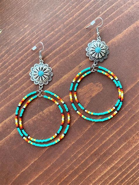 Western Concho With Aztec Seed Beaded Dangle Earrings Southwestern