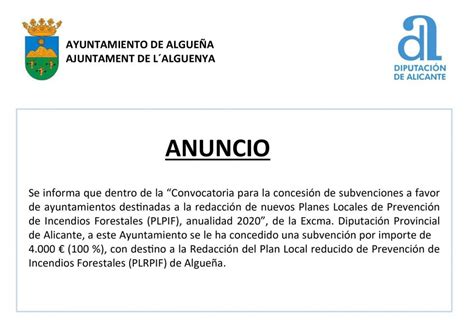 ANUNCIO Subvención Redacción del Plan Local reducido de Prevención de