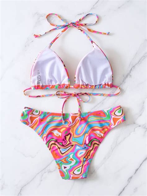 Shein Swim Vcay Allover Print Bikini Set Halter Triangle Bra And Hipster