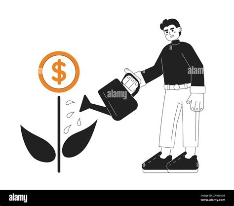 Man Watering Money Plant 2d Vector Monochrome Isolated Spot