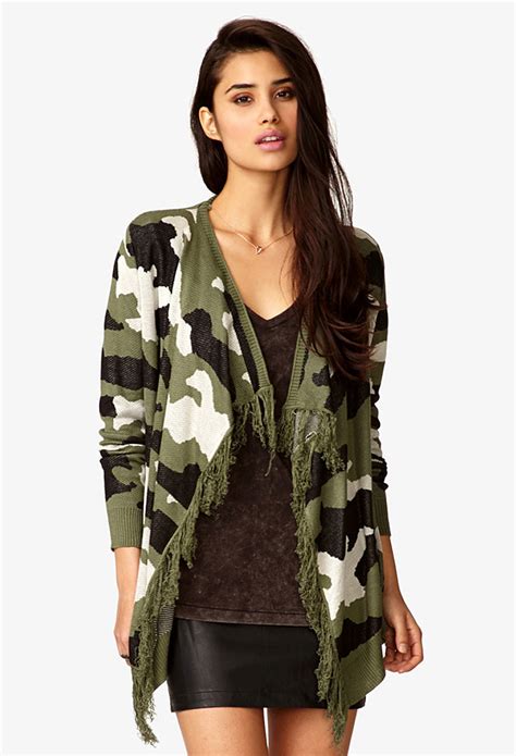 Lyst Forever 21 Fringed Camo Cardigan In Green