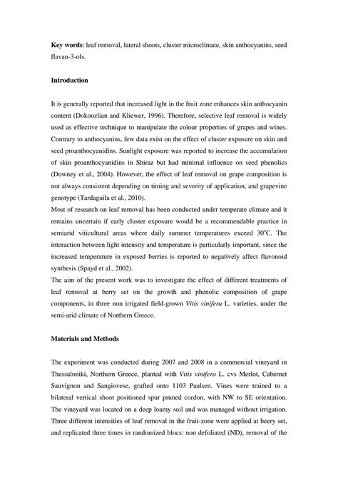 SOLUTION: Effects of post flowering leaf removal on the phenolic
