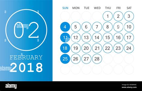 Febrero 2018 Calendario Planificador de calendario plantilla de diseño